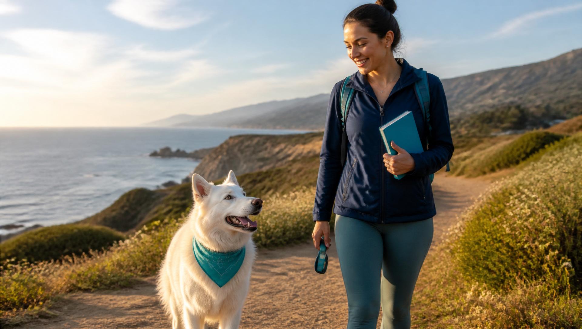 Kira walking with a dog parent on a coastal path
